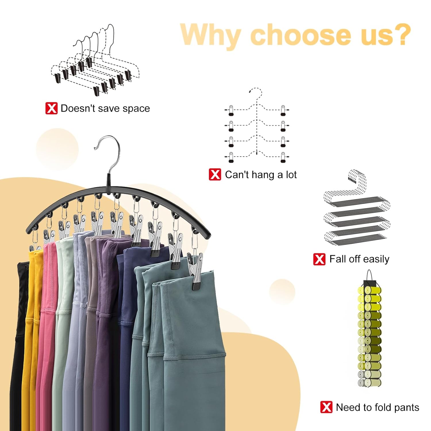 Legging Organizer for Closet, Metal Yoga Pants Hangers 2 Pack w/10 Clips Holds 20 Leggings, Space Saving Hanging Closet Organizer w/Rubber Coated Closet Organizers and Storage, Black