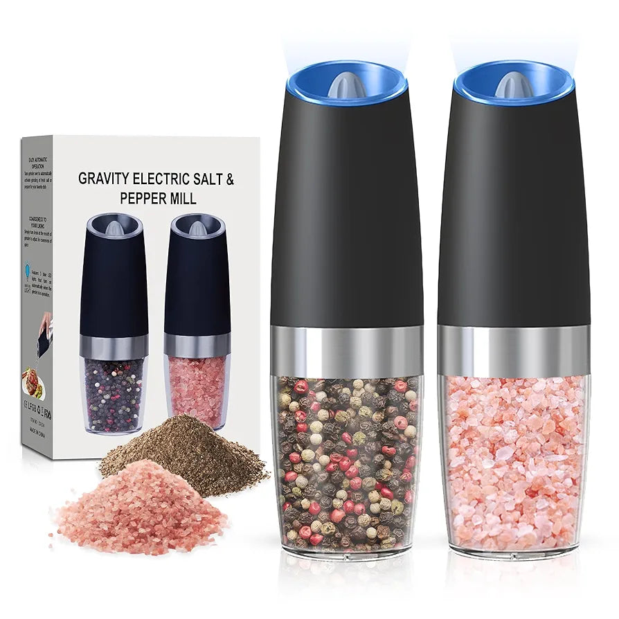 Battery Operated Salt And Pepper Grinder Set with LED Light, Automatic Electric Gravity Salt And Pepper Shakers Set, Each 6 AAA Batteries Needed, Adjustable Roughness, 2 Pack (Black)