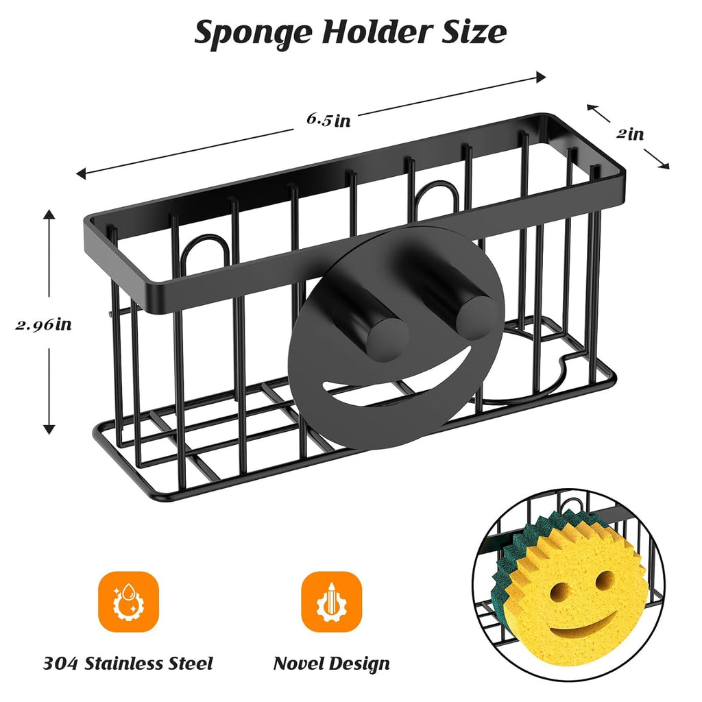 Sponge Holder Smiley Face,Sink Caddy,Sink Organizer with 2 Suction Cups/1 Adhesive Strips,Designed for Sponge,Soap,Dish Brush,Scrubber - Black