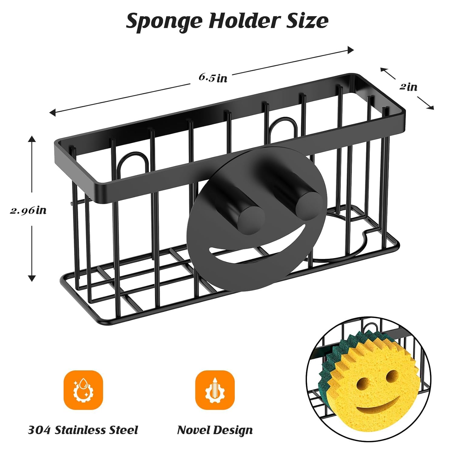 Sponge Holder Smiley Face,Sink Caddy,Sink Organizer with 2 Suction Cups/1 Adhesive Strips,Designed for Sponge,Soap,Dish Brush,Scrubber - Black