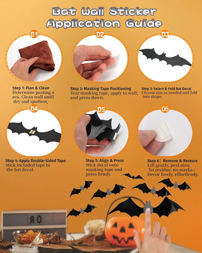 120pcs Halloween Bats Decorations Outdoor Indoor, Halloween Party Supplies, 3D Bat Stickers for Wall Window Home Kitchen Scary Decor (4 Sizes, Black)