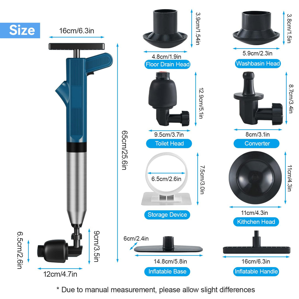 Toilet Plunger, Stainless Steel Toilet Unclogger for Clogged Toilets, High Pressure Plunge Blaster, Heavy Duty Air Plunger for Toilet, Bathroom, Floor Drain, Sink, Kitchen (Blue)