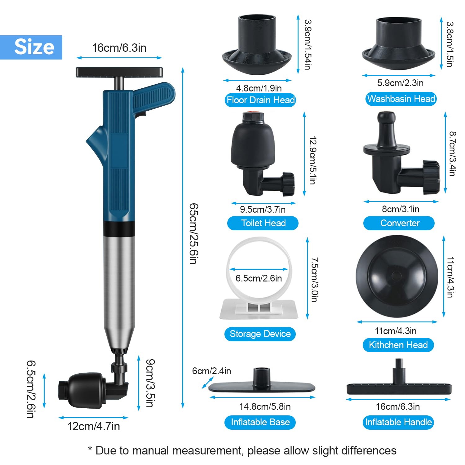 Toilet Plunger, Stainless Steel Toilet Unclogger for Clogged Toilets, High Pressure Plunge Blaster, Heavy Duty Air Plunger for Toilet, Bathroom, Floor Drain, Sink, Kitchen (Blue)