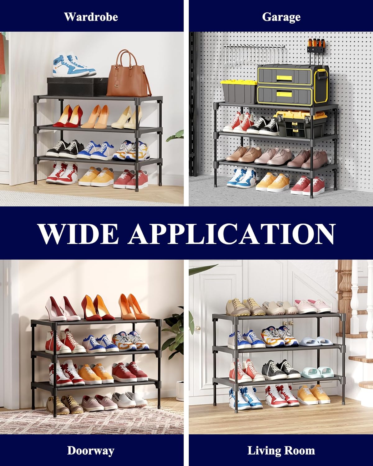 Kitsure Shoe Rack - Non-Woven Shoe Rack Shelf, Shoe Organizer for Closet, Entryway, Garage & Corridor, Stackable Shoe Shelves, Medium, Black