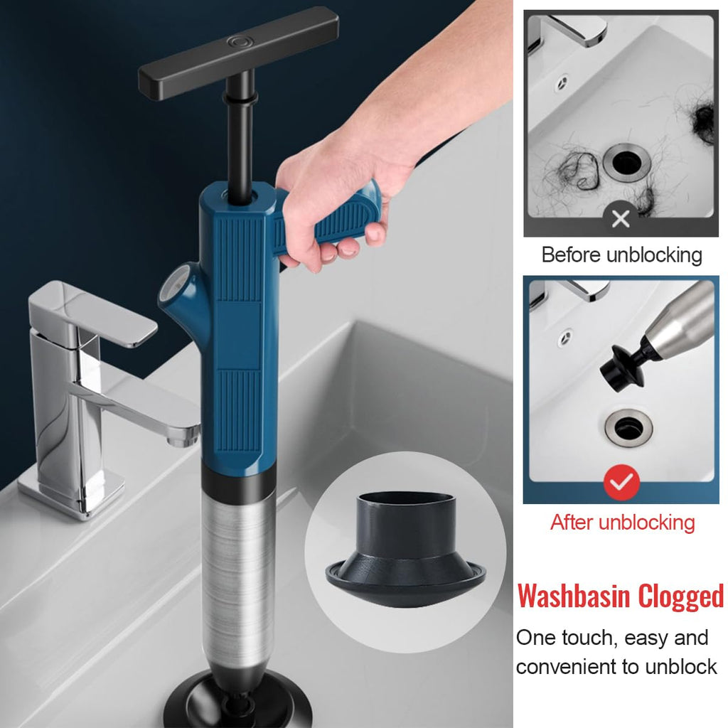 Toilet Plunger, Stainless Steel Toilet Unclogger for Clogged Toilets, High Pressure Plunge Blaster, Heavy Duty Air Plunger for Toilet, Bathroom, Floor Drain, Sink, Kitchen (Blue)