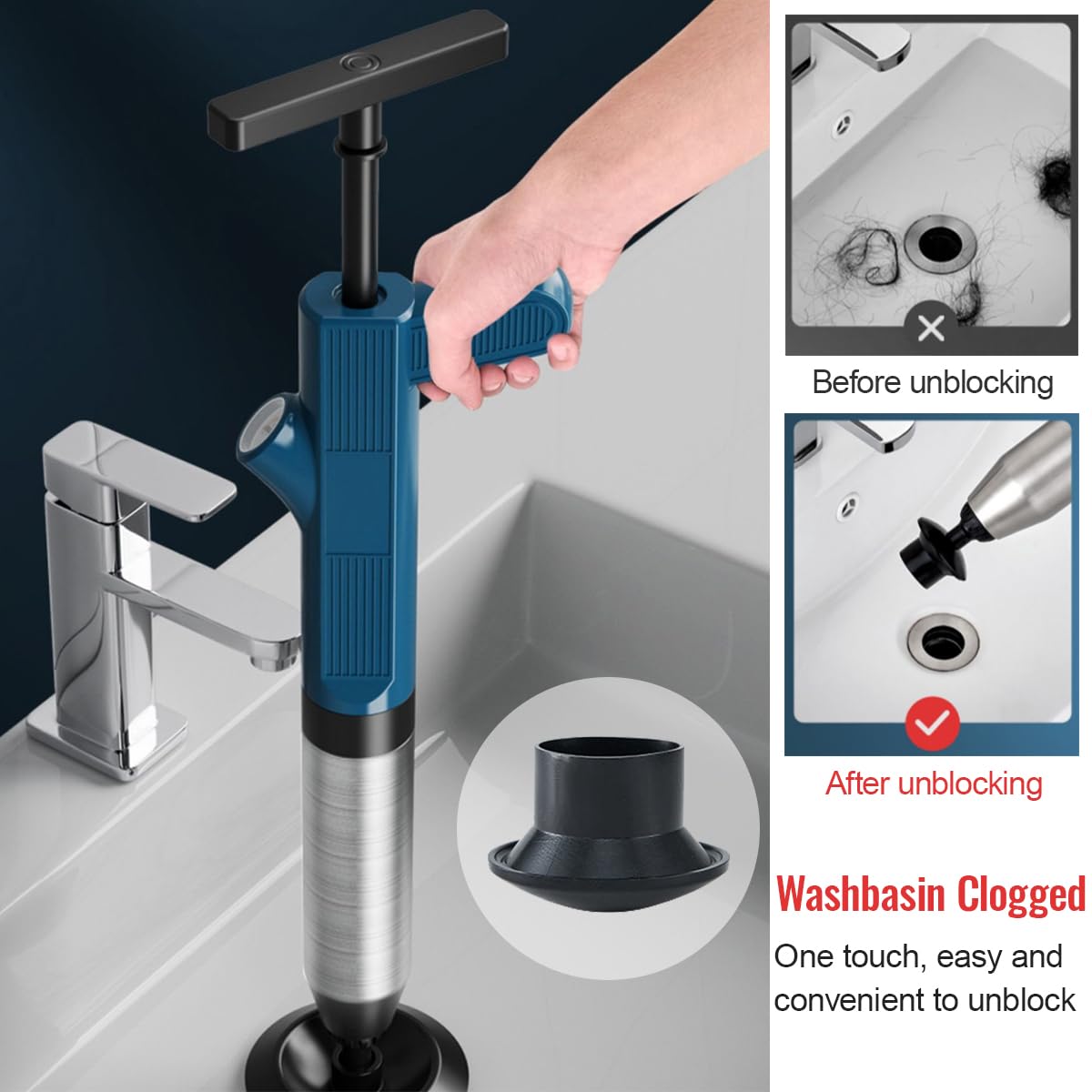 Toilet Plunger, Stainless Steel Toilet Unclogger for Clogged Toilets, High Pressure Plunge Blaster, Heavy Duty Air Plunger for Toilet, Bathroom, Floor Drain, Sink, Kitchen (Blue)