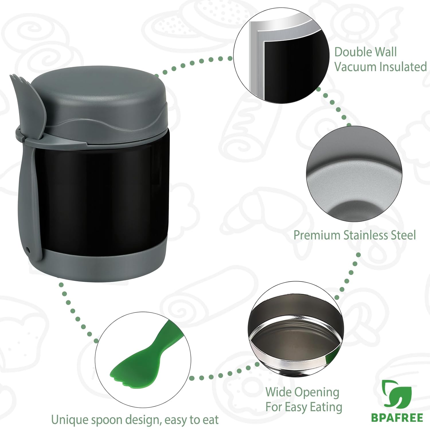 10oz Soup Thermo for Hot Food Kids,Lunch Thermo Kids Food Jar with Spoon Hot Insulated Food Containers,Leak Proof Stainless Steel Wide Mouth Lunch Food Thermo Jar for School(Black)