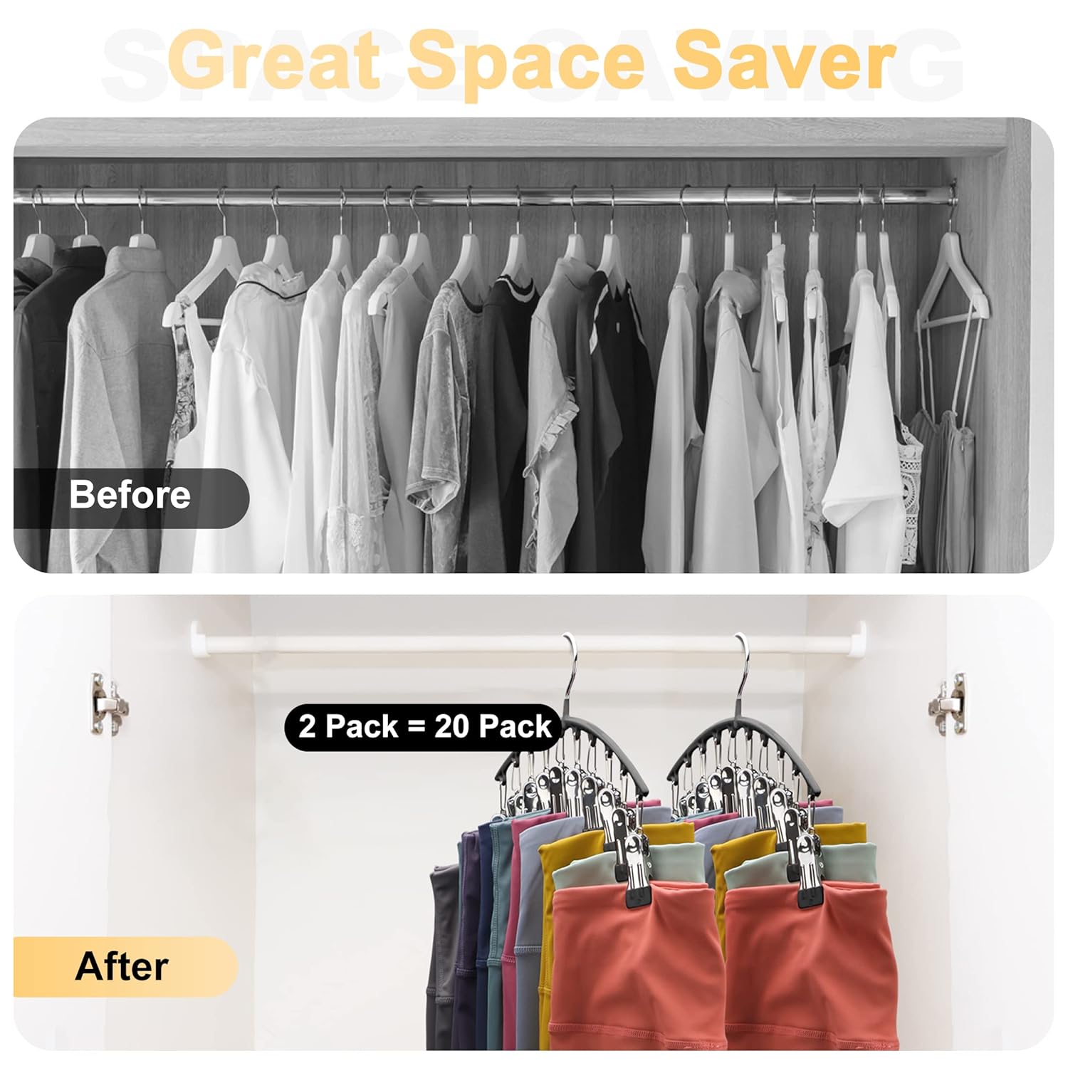 Legging Organizer for Closet, Metal Yoga Pants Hangers 2 Pack w/10 Clips Holds 20 Leggings, Space Saving Hanging Closet Organizer w/Rubber Coated Closet Organizers and Storage, Black