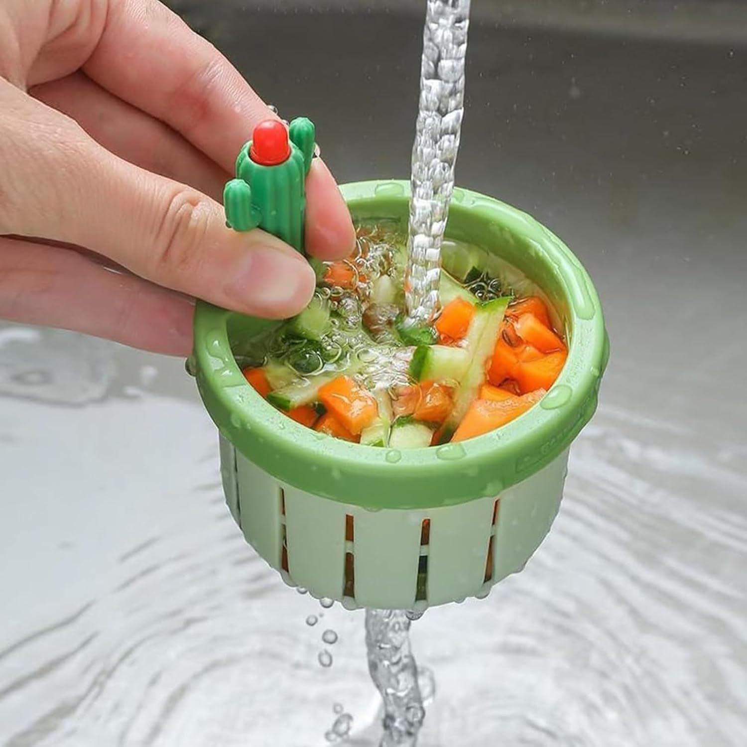 Cactus Kitchen Sink Drainage Strainer, New Push-Push Auto Dump Basket, Multi-Functional Sink Strainer Lift Basket for Kitchen Garbage Collector (Green-, 1PC)