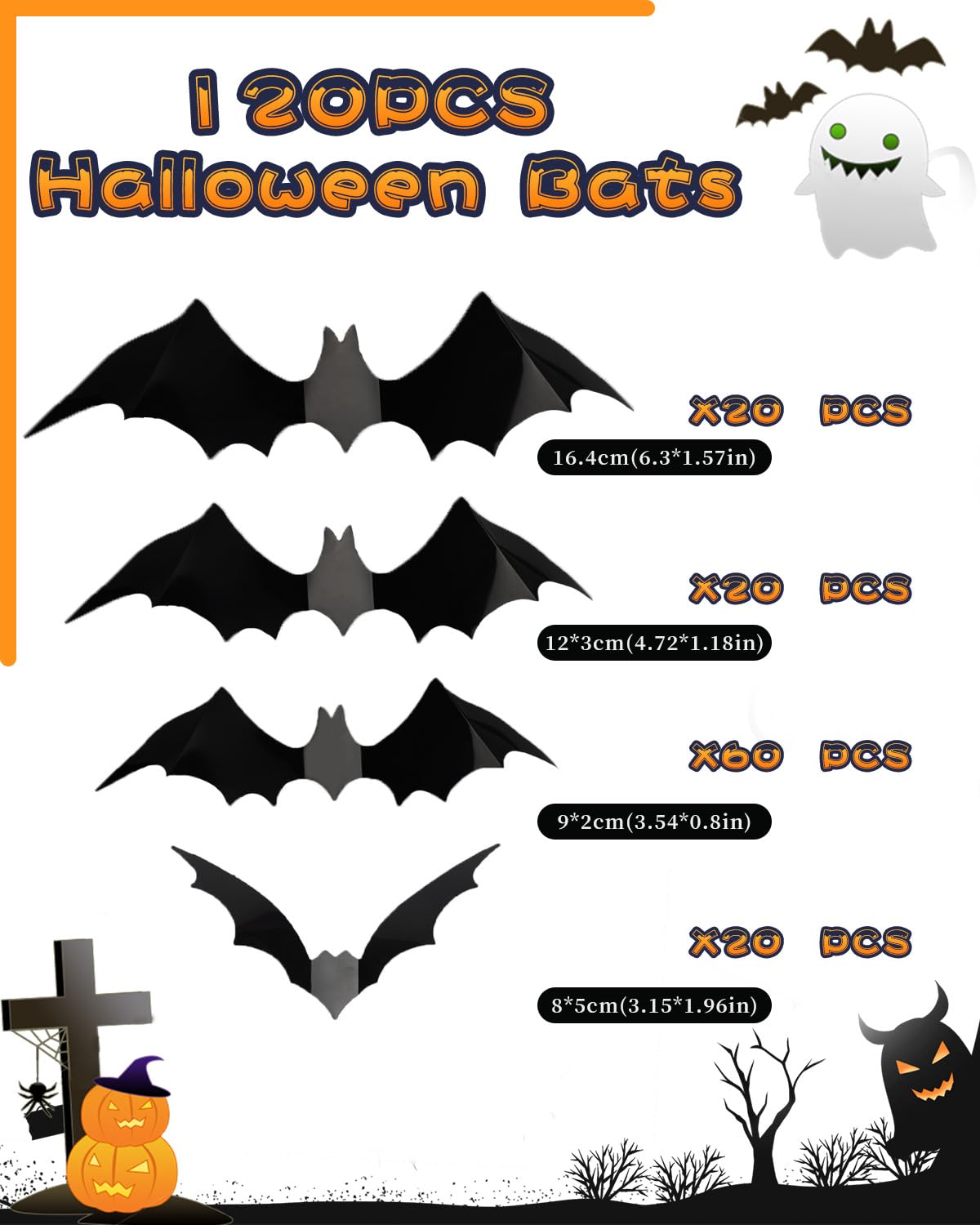 120pcs Halloween Bats Decorations Outdoor Indoor, Halloween Party Supplies, 3D Bat Stickers for Wall Window Home Kitchen Scary Decor (4 Sizes, Black)