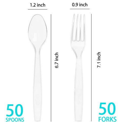 100 Count Plastic Silverware, Heavy Weight Plastic Forks Spoons Disposable Utensils Cutlery Set for Wedding Party Supplies Everyday Use