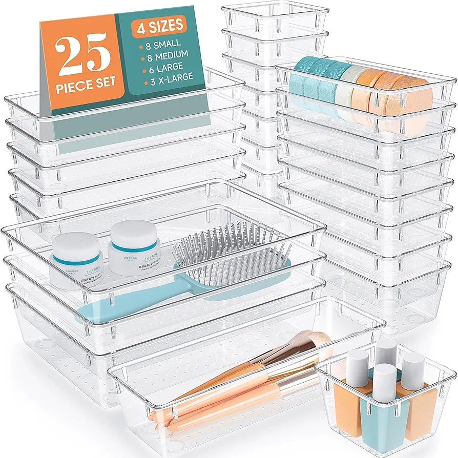 Plastic Drawer Organizer Set, 25 PCS Clear