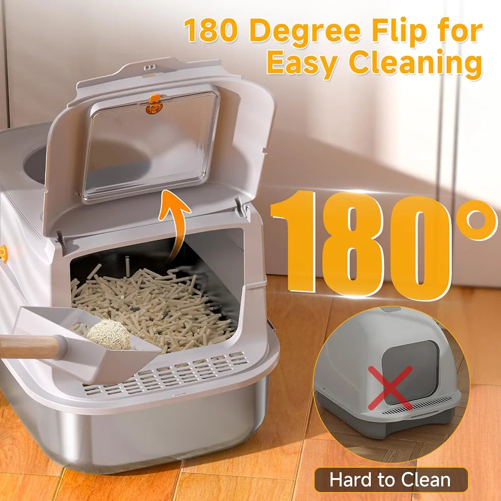 Stainless Steel Cat Litter Box with Lid, XL Extra Large Metal Litter Box for Big Cats, 180° Flip Cover Enclosed Top Entry Litter Boxs with High Sided Enclosure & Scoop, Non-Sticky, Anti-Leakage