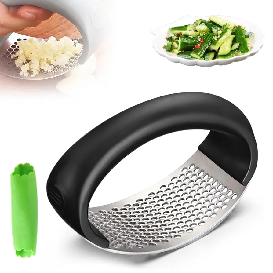 Stainless Steel Garlic Rocker, Manual Garlic Press, Premium Garlic Mincer Garlic Crusher, New Innovative Garlic Chopper with Peeler and Scraper for Comfortable Grip (1, black)