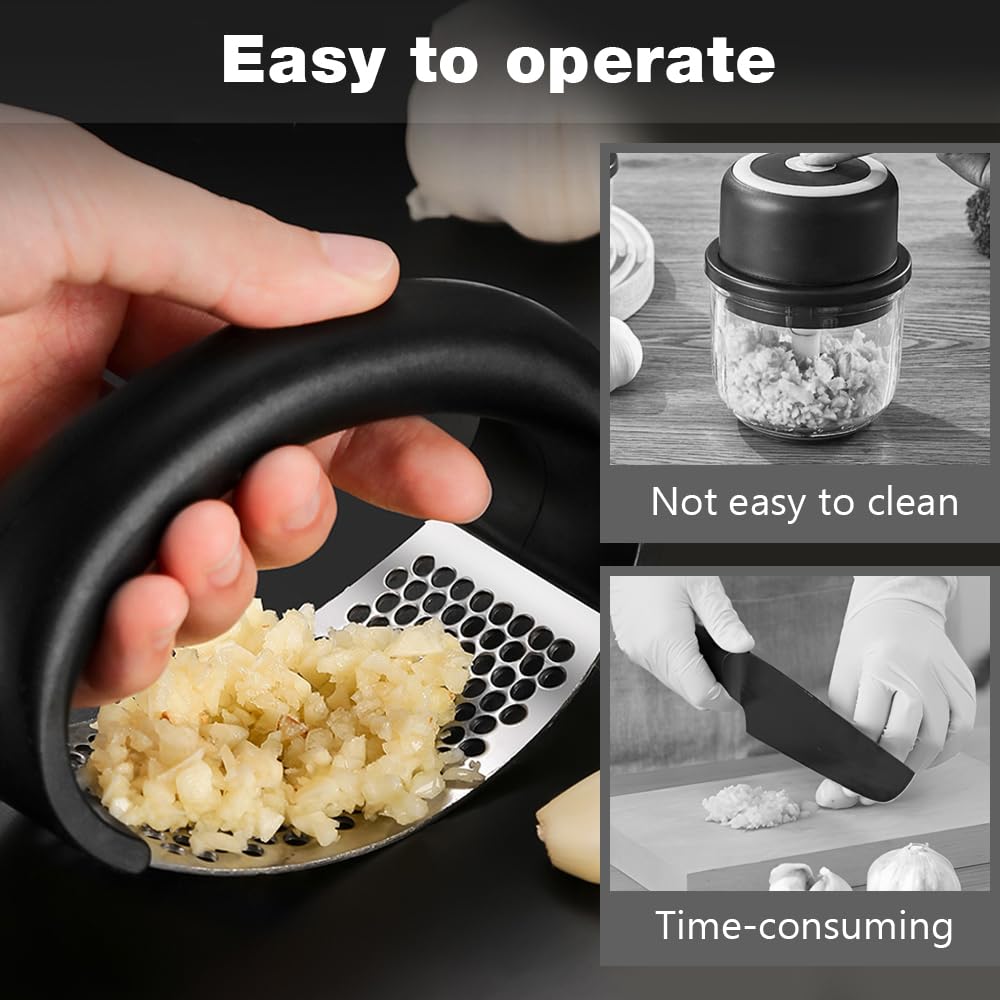 Stainless Steel Garlic Rocker, Manual Garlic Press, Premium Garlic Mincer Garlic Crusher, New Innovative Garlic Chopper with Peeler and Scraper for Comfortable Grip (1, black)