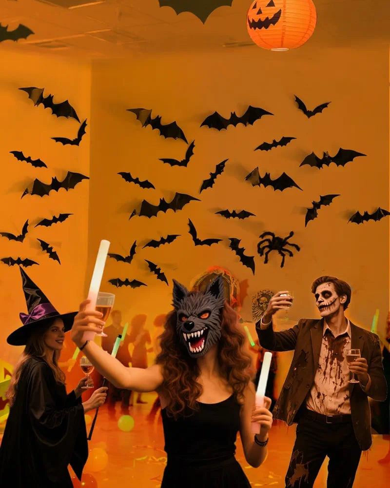 120pcs Halloween Bats Decorations Outdoor Indoor, Halloween Party Supplies, 3D Bat Stickers for Wall Window Home Kitchen Scary Decor (4 Sizes, Black)