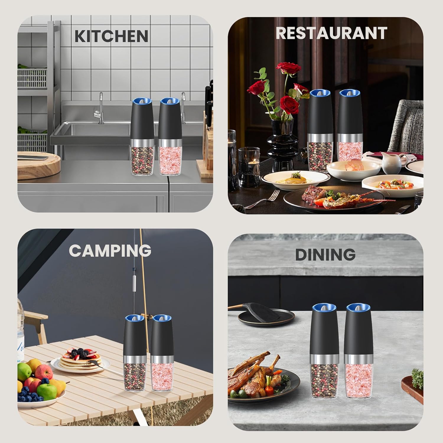 Battery Operated Salt And Pepper Grinder Set with LED Light, Automatic Electric Gravity Salt And Pepper Shakers Set, Each 6 AAA Batteries Needed, Adjustable Roughness, 2 Pack (Black)