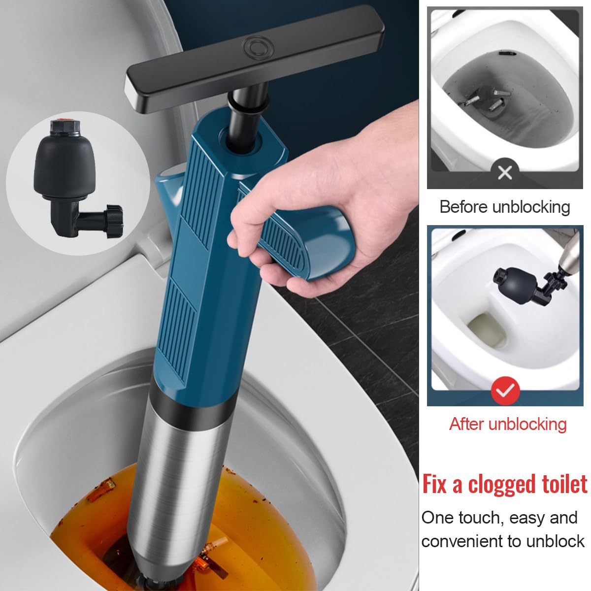 Toilet Plunger, Stainless Steel Toilet Unclogger for Clogged Toilets, High Pressure Plunge Blaster, Heavy Duty Air Plunger for Toilet, Bathroom, Floor Drain, Sink, Kitchen (Blue)