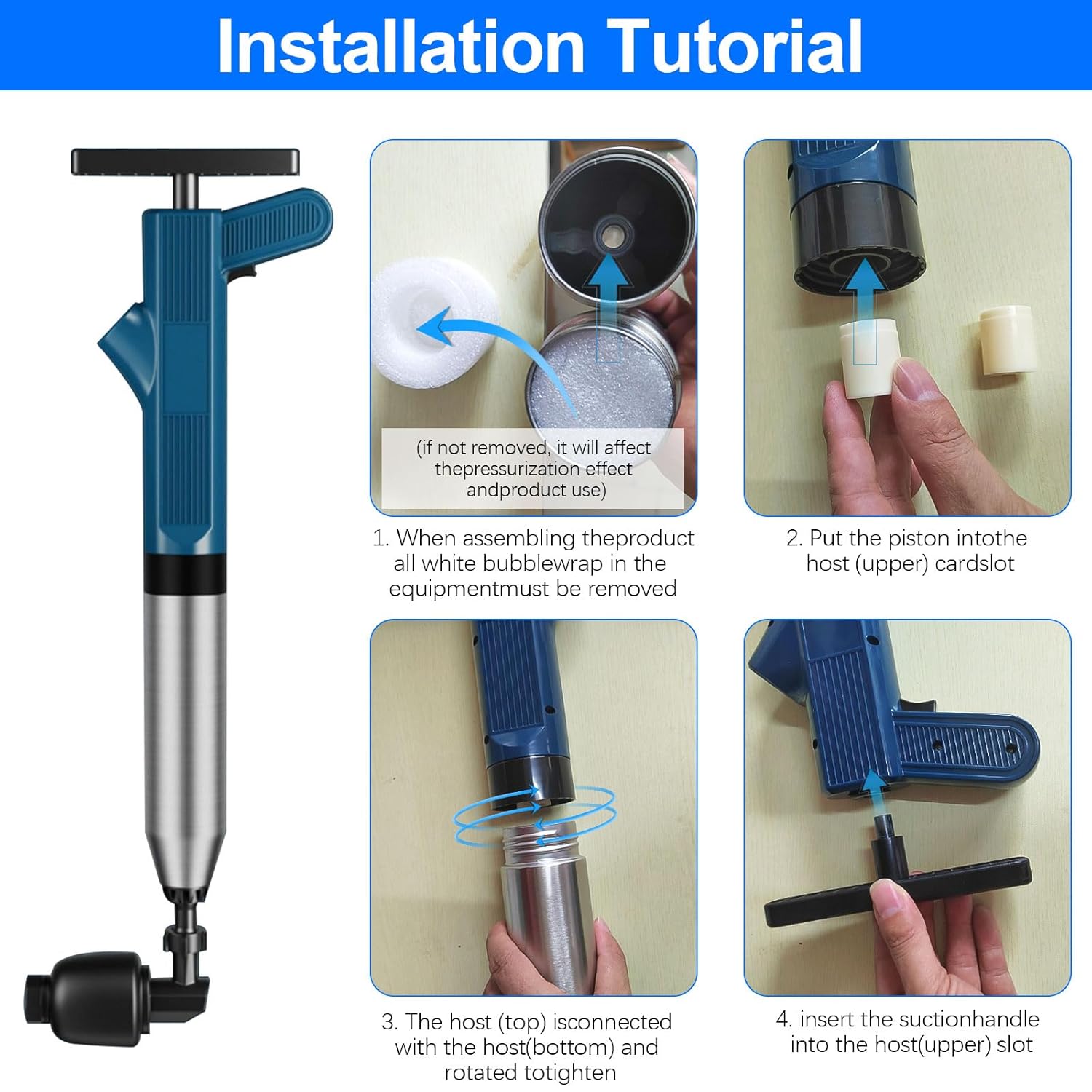 Toilet Plunger, Stainless Steel Toilet Unclogger for Clogged Toilets, High Pressure Plunge Blaster, Heavy Duty Air Plunger for Toilet, Bathroom, Floor Drain, Sink, Kitchen (Blue)