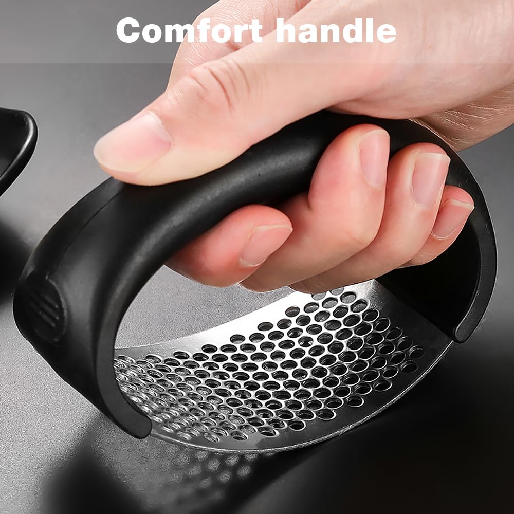 Stainless Steel Garlic Rocker, Manual Garlic Press, Premium Garlic Mincer Garlic Crusher, New Innovative Garlic Chopper with Peeler and Scraper for Comfortable Grip (1, black)