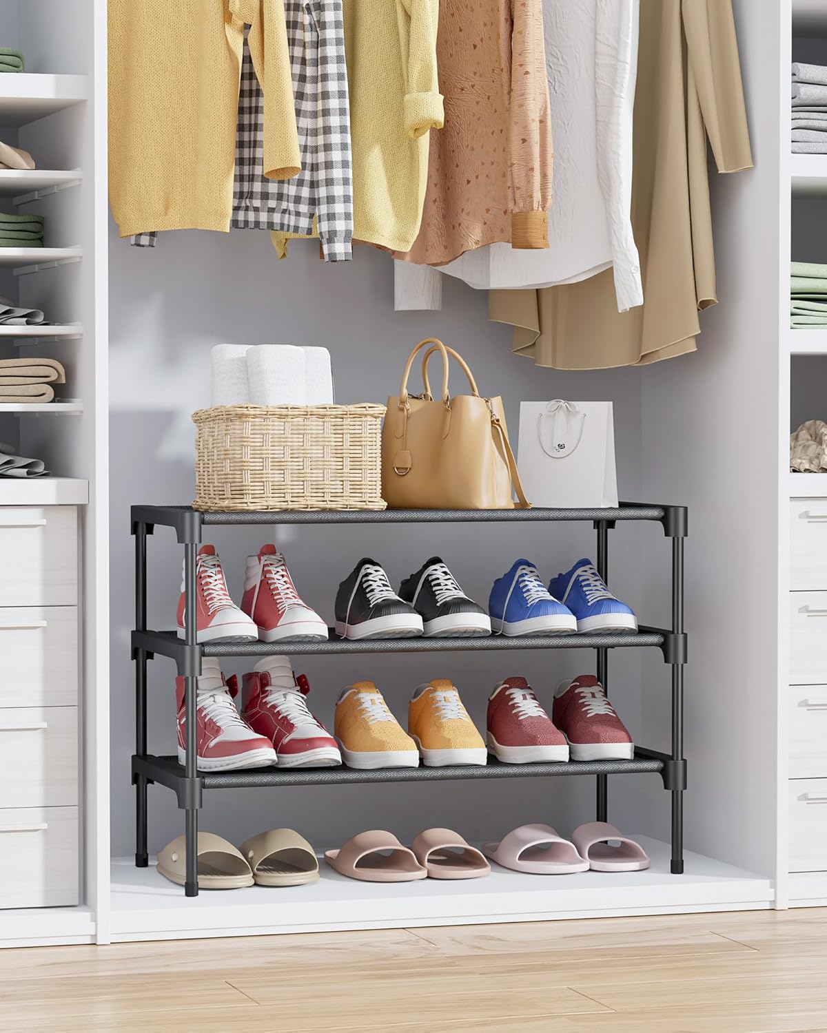 Kitsure Shoe Rack - Non-Woven Shoe Rack Shelf, Shoe Organizer for Closet, Entryway, Garage & Corridor, Stackable Shoe Shelves, Medium, Black