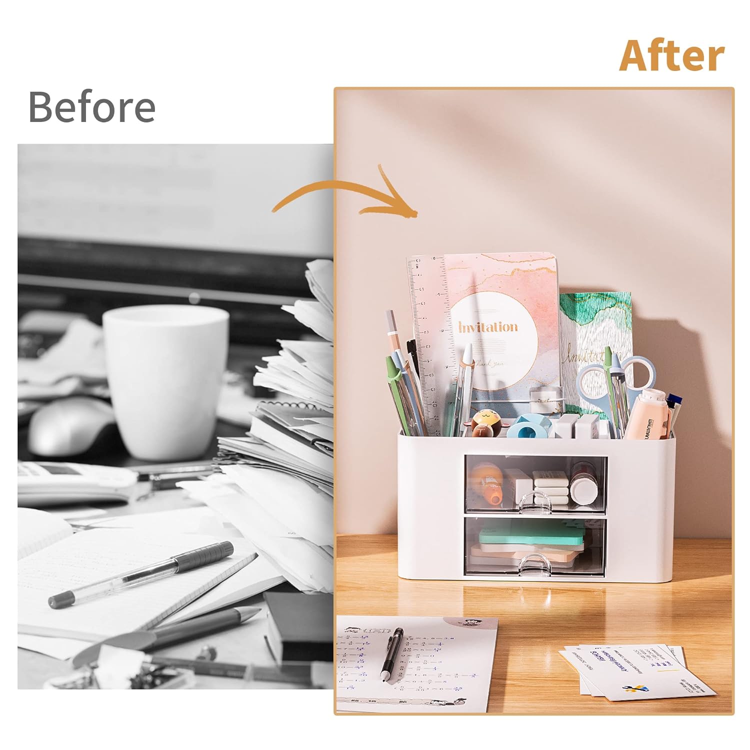 Marbrasse Pen Organizer with 2 Drawer, Multi-Functional Pencil Holder for Desk, Desk Organizers and Accessories with 5 Compartments + Drawer for Office Art Supplies (White)