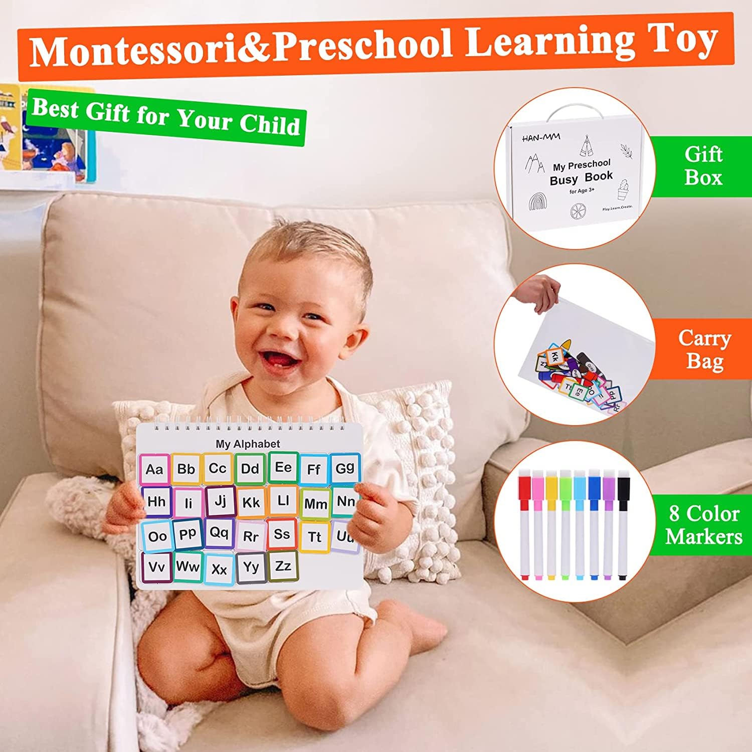 HAN-MM Busy Book for Kids, Montessori Preschool Learning Activities, 30 Themes with 8 Marker, Workbook Activity Binder for Toddlers 1-3, Autism Learning Materials and Tracing Coloring Book, BusyTots