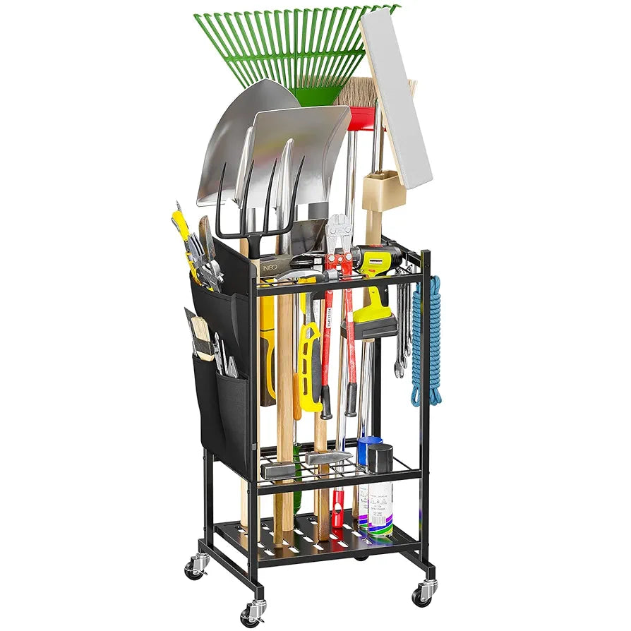 SUFAUY Garden Tool Organizer with Wheels, Yard Tower Rack Holds 40 Long Handled Tools, Heavy-Duty Steel Garage Tool Stand with Hooks and Versatile Pocket, Black