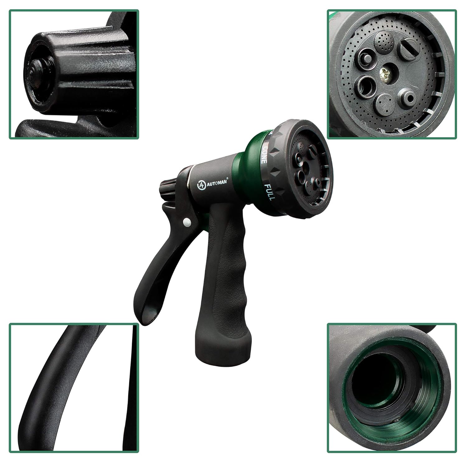 AUTOMAN-Garden-Hose-Nozzle, ABS Water Spray Nozzle with 7 Adjustable Watering Patterns, Slip Resistant for Watering Plants, Lawn& Garden, Washing Cars, Cleaning, Showering Pets & Outdoor Fun.