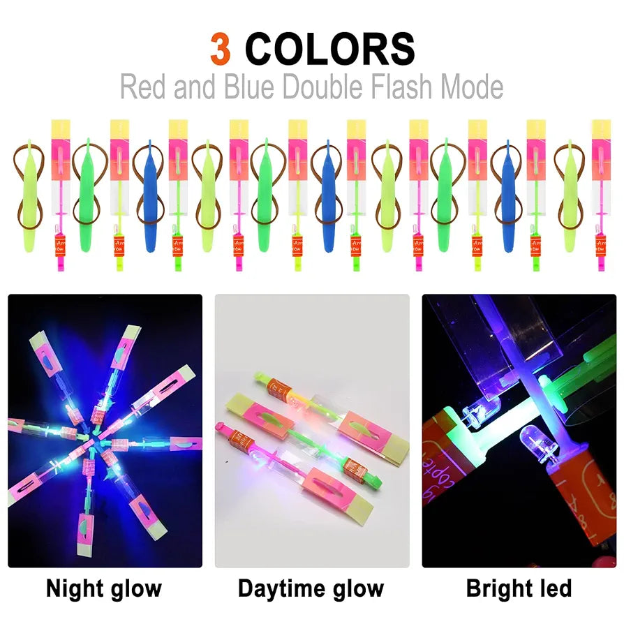 25 Sets LED Flying Set, 25 Slingshot+25 Glow Helicopter-50 Pcs, Flying Toy Outdoor Toys Glow in The Dark Party Supplies Party Favors for Kids 8-12,4-8