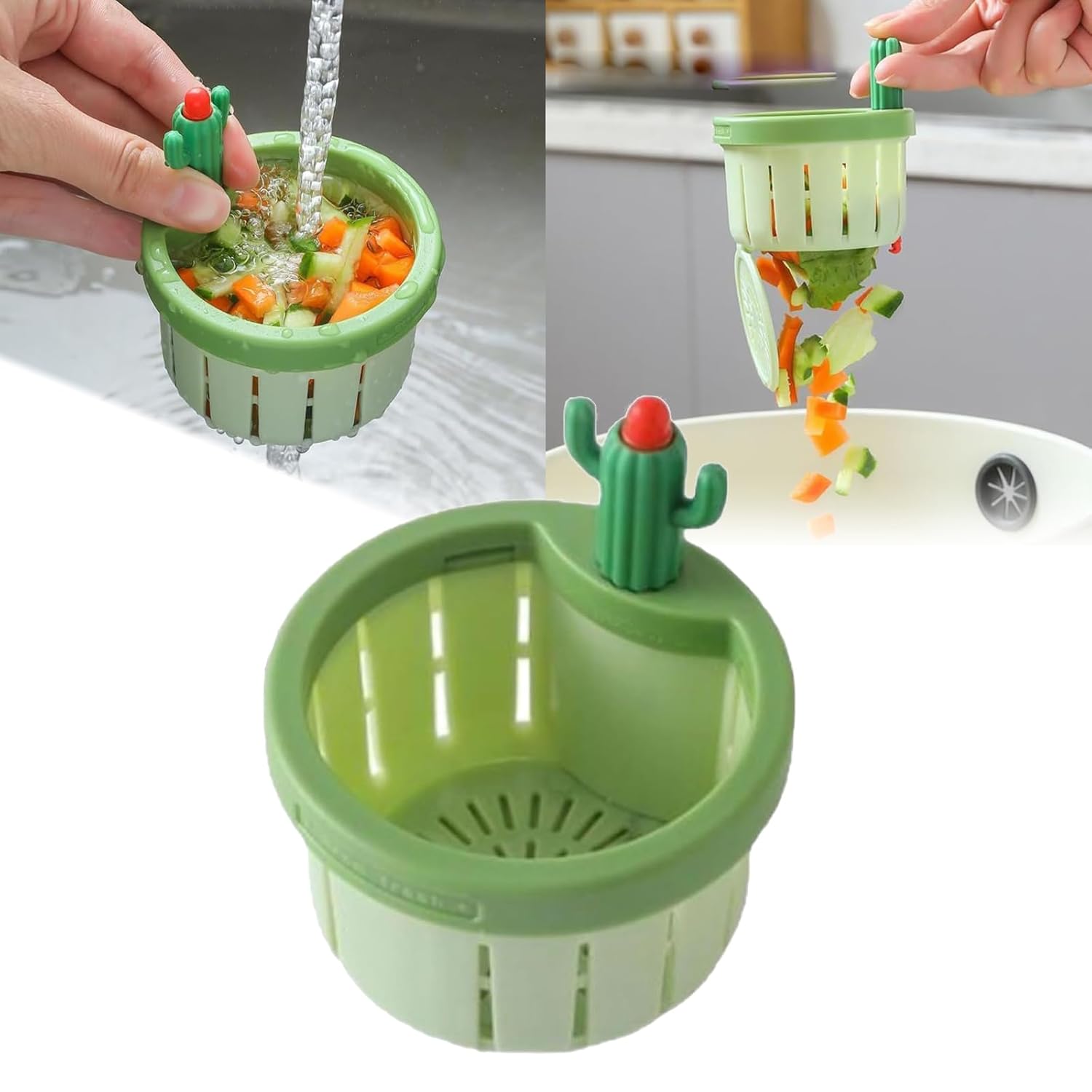 Cactus Kitchen Sink Drainage Strainer, New Push-Push Auto Dump Basket, Multi-Functional Sink Strainer Lift Basket for Kitchen Garbage Collector (Green-, 1PC)